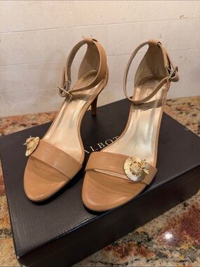 Talbots Tan Leather Ankle-Strap Heels with Gold Medallion